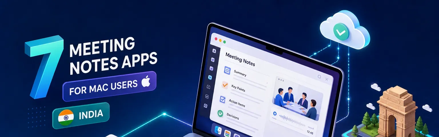 Banner reading “7 Meeting Notes Apps for Mac Users, India” beside a MacBook showing a meeting-notes window with Summary, Key Points, Action Items and Decisions sections, a cloud icon, and the India Gate.