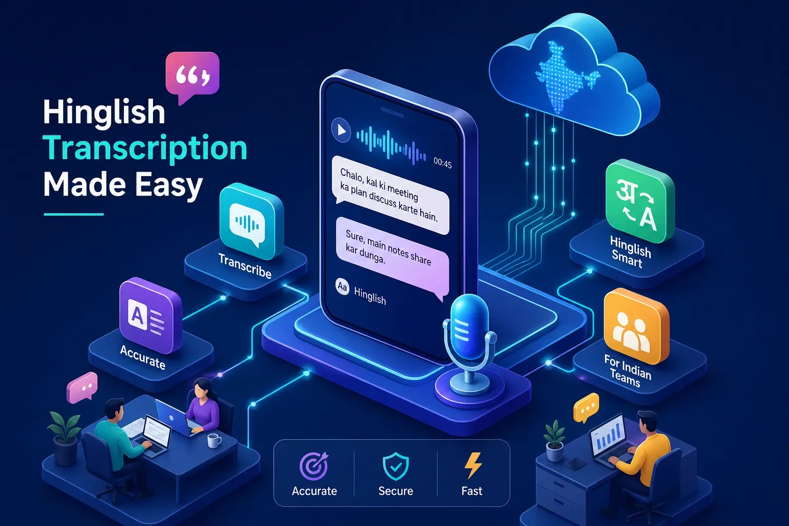 Illustration of Hinglish transcription: a phone showing the code-switched messages “Chalo, kal ki meeting ka plan discuss karte hain” and “Sure, main notes share kar dunga”, surrounded by transcribe, accuracy and Indian-team icons.